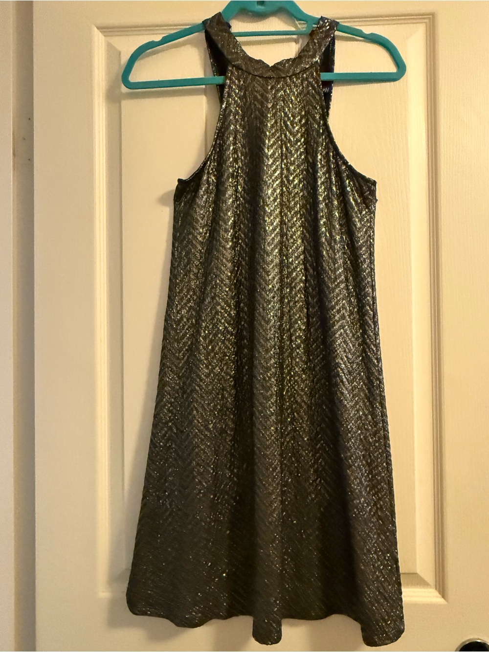 Metallic Black High-Neck Swing Dress